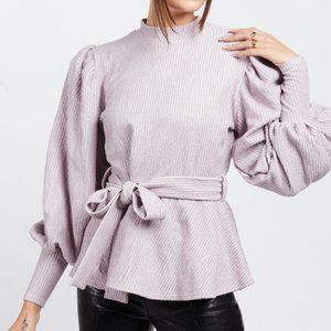 Oversize Puff Sleeve Peplum Top with Waist Cinch Belt Tie